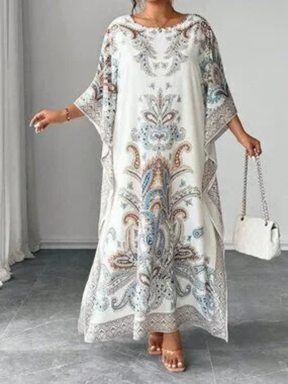 Multicolor Modest Women's Batwing Sleeve Round Neck Printed Loose Dress